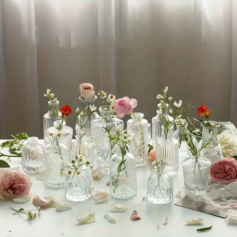 CLEAR GLASS VASES WITH EMBOSSED DESIGNS - VARIOUS SHAPES AND SIZES