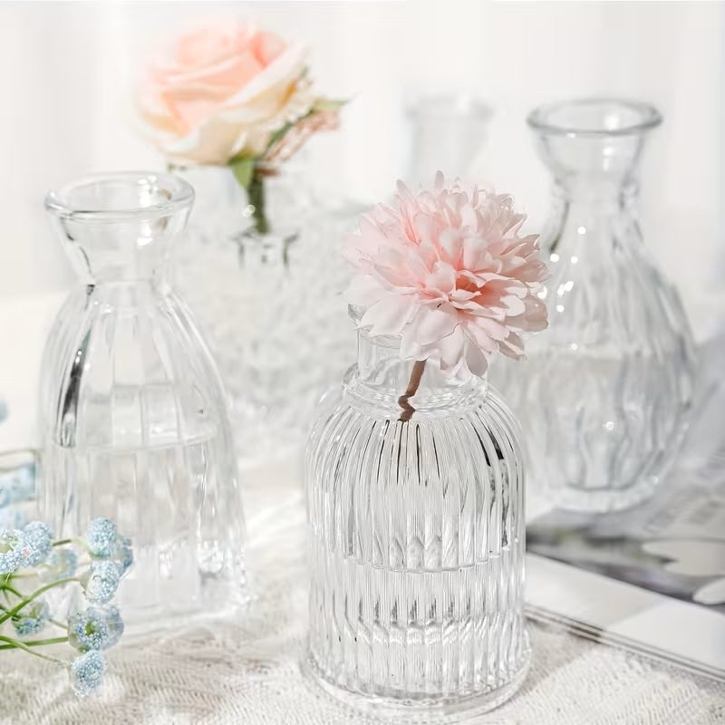 CLEAR GLASS VASES WITH EMBOSSED DESIGNS - VARIOUS SHAPES AND SIZES