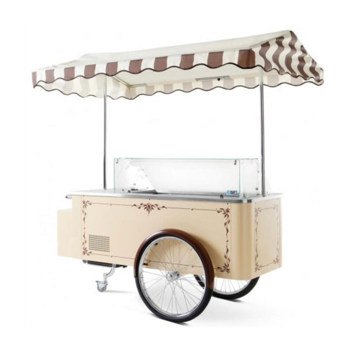 CARRETTO PER GELATO CON FRIGORIFERO A 6 VASCHE E TETTO CON STOFFA A RIGHE MARRONE E AVORIO