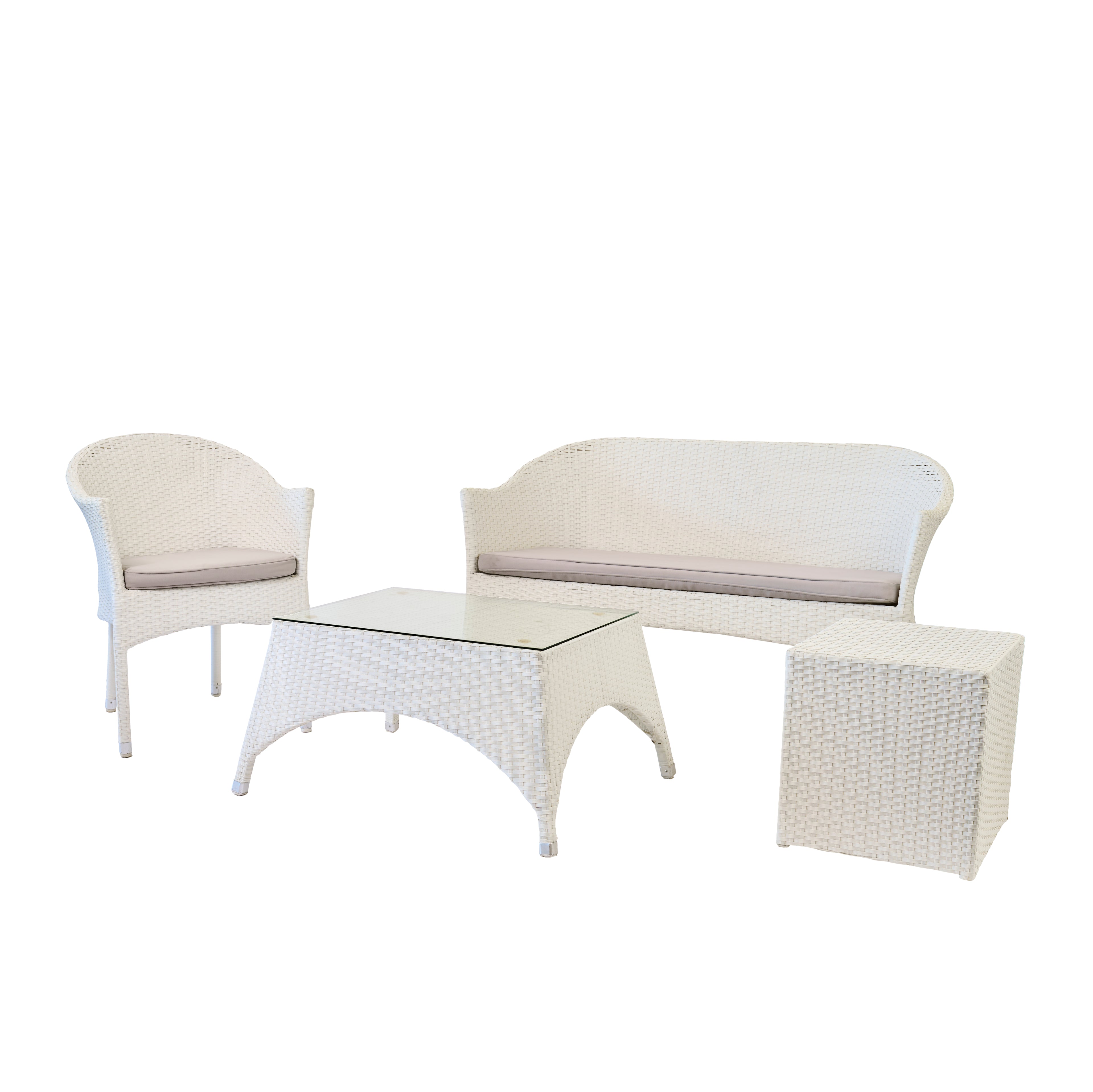 SALOTTO RATTAN 6 pax: 1 DIVANO RATTAN BIANCO + 2 POLTRONE RATTAN + 2 POUF RATTAN BIANCO cm 45x45 + 1 TAVOLO RATTAN