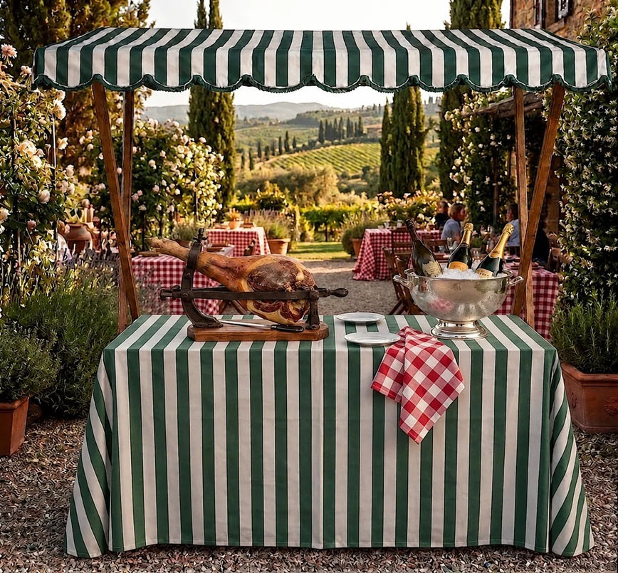 KIOSK WITH WHITE/GREEN AWNING AND MATCHING TABLECLOTH