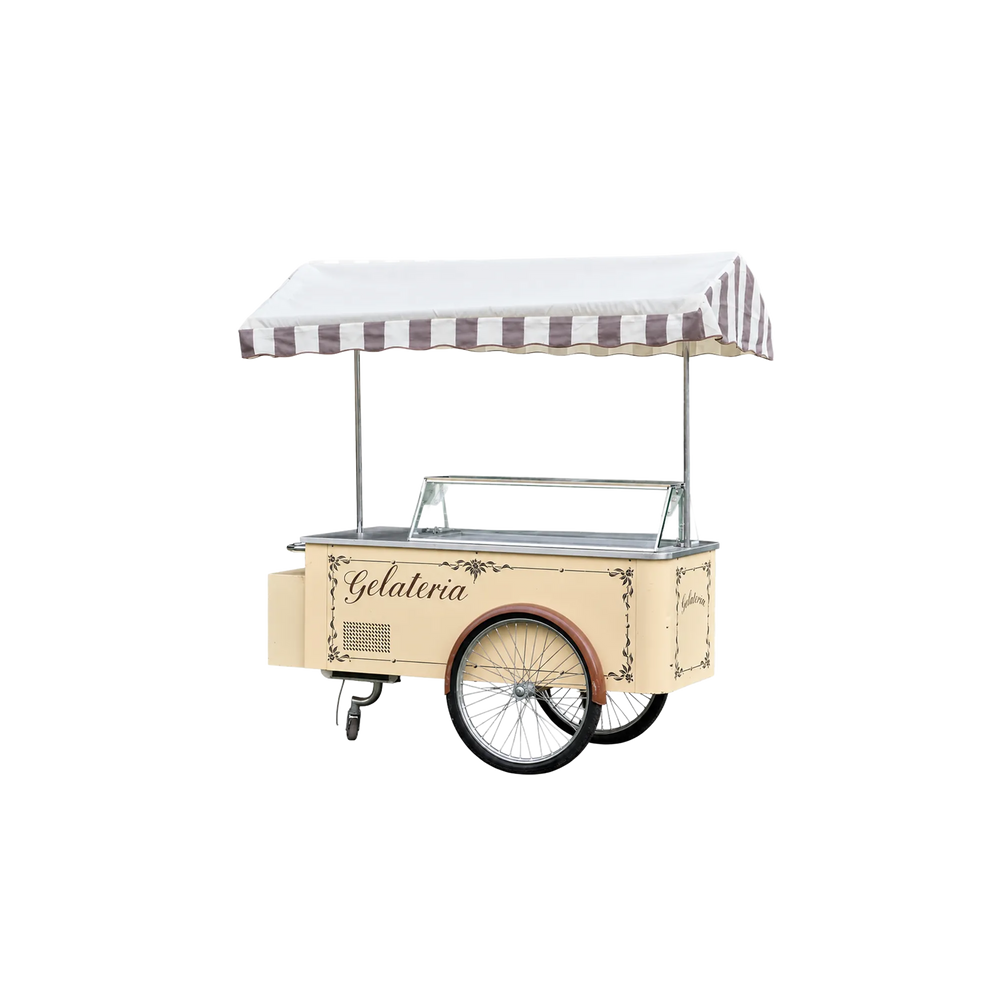 CARRETTO PER GELATO CON FRIGORIFERO A 6 VASCHE E TETTO CON STOFFA A RIGHE MARRONE E AVORIO