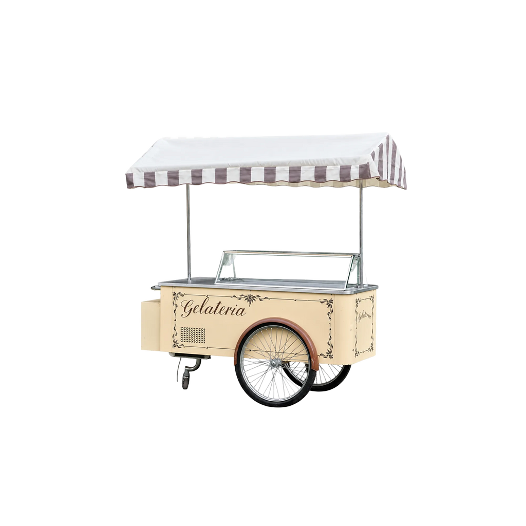 CARRETTO PER GELATO CON FRIGORIFERO A 6 VASCHE E TETTO CON STOFFA A RIGHE MARRONE E AVORIO