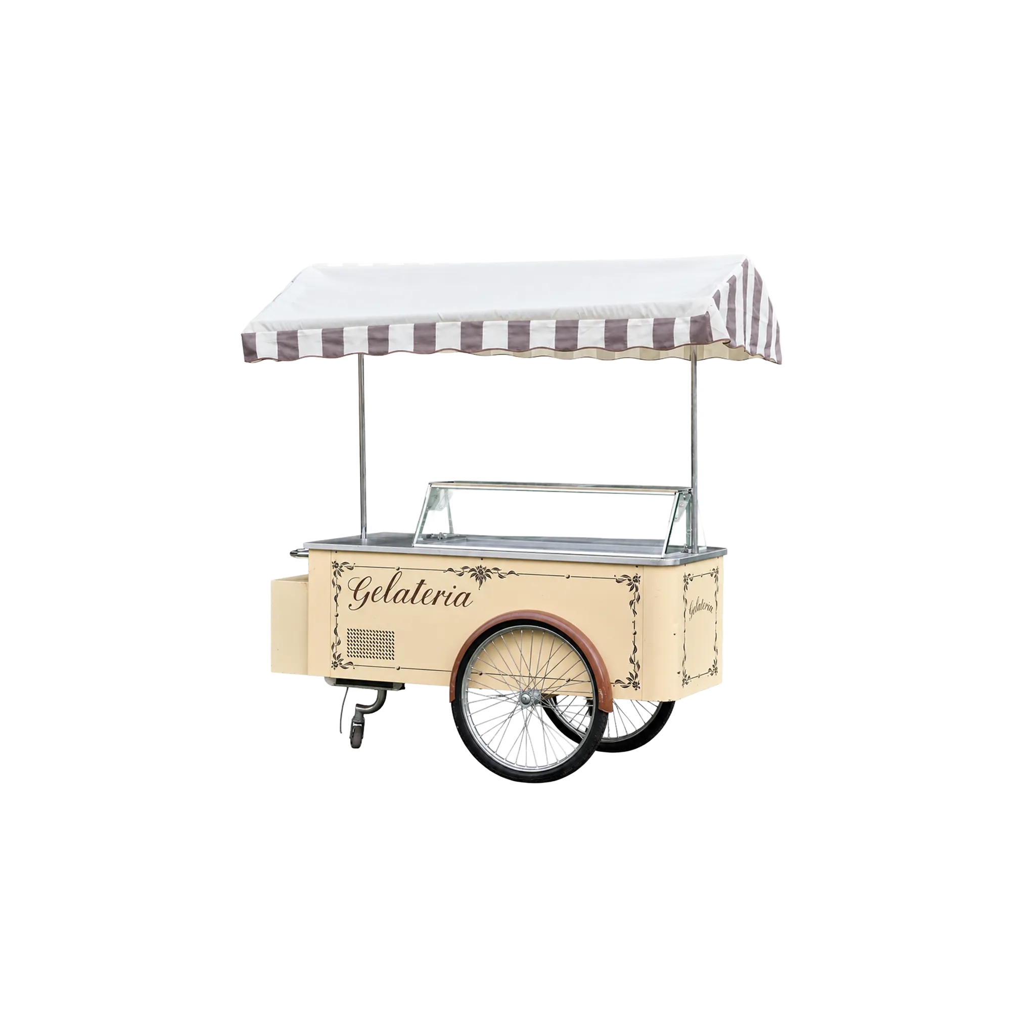 CARRETTO PER GELATO CON FRIGORIFERO A 6 VASCHE E TETTO CON STOFFA A RIGHE MARRONE E AVORIO