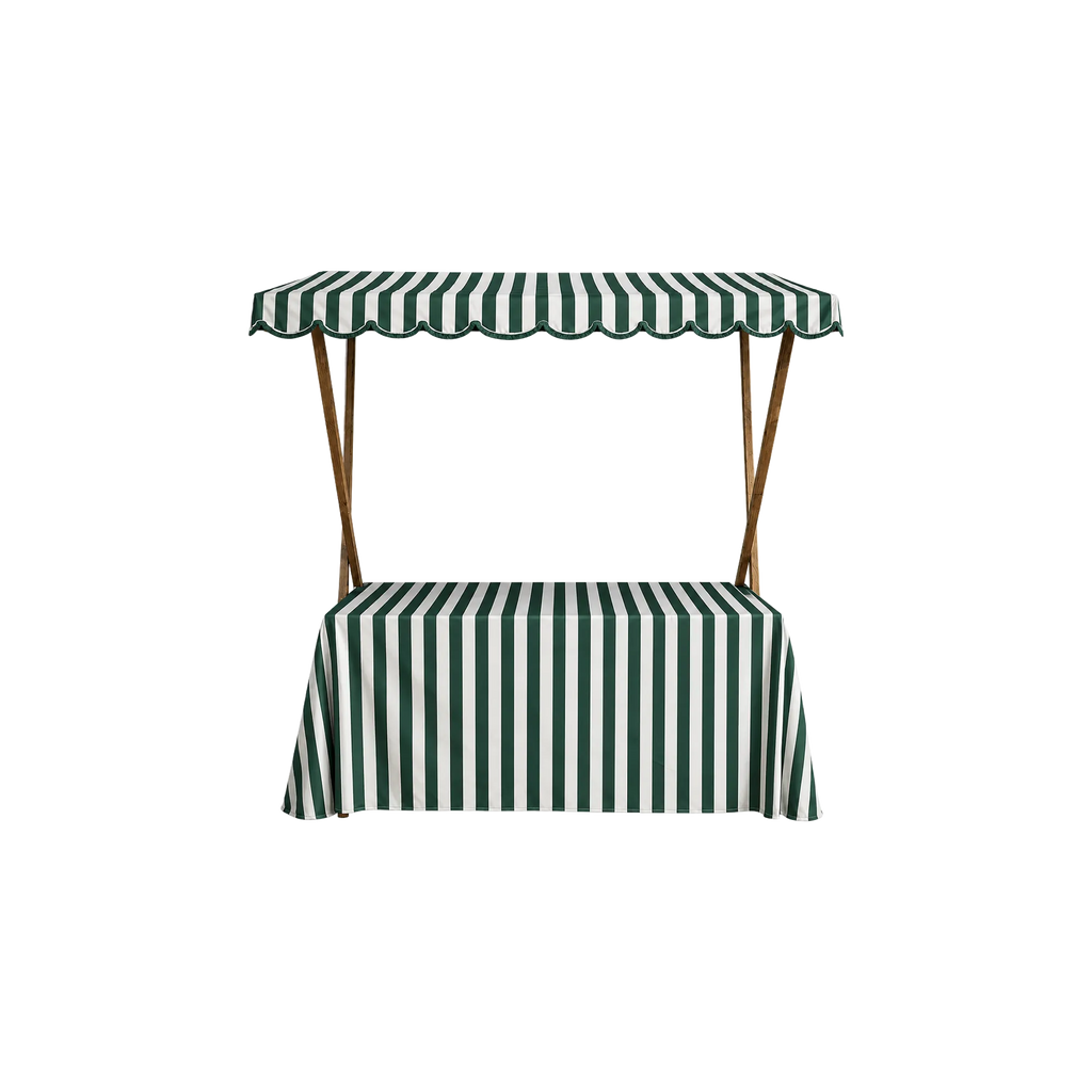 KIOSK WITH WHITE/GREEN AWNING AND MATCHING TABLECLOTH
