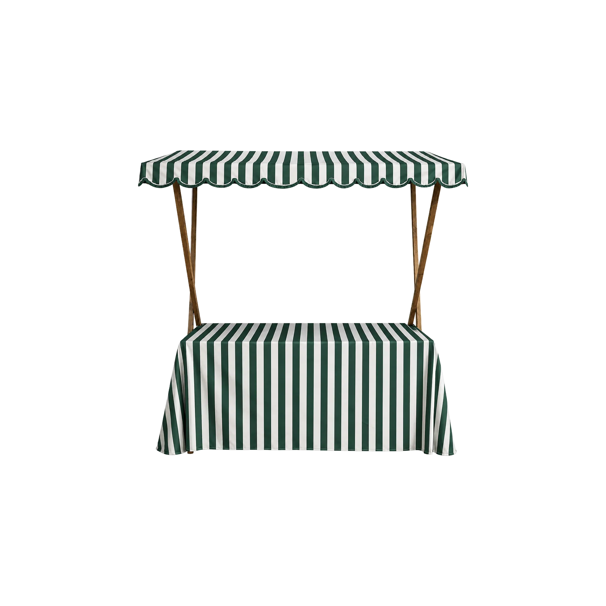 KIOSK WITH WHITE/GREEN AWNING AND MATCHING TABLECLOTH